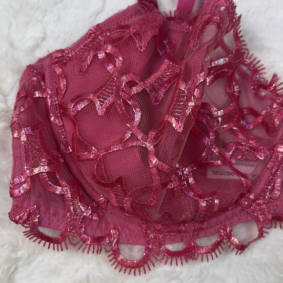 Victoria’s Secret Very Sexy Heart Mesh Low Cut Demi Bra 36D Fuchsia Lace NWT - Picture 5 of 10